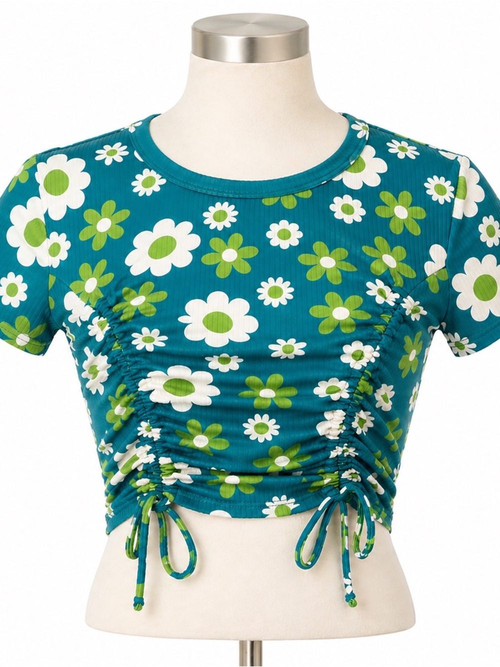 Rebellious Dreamer Floral Ruched Crop Top Size Small Teal Daisy Print Y2K
